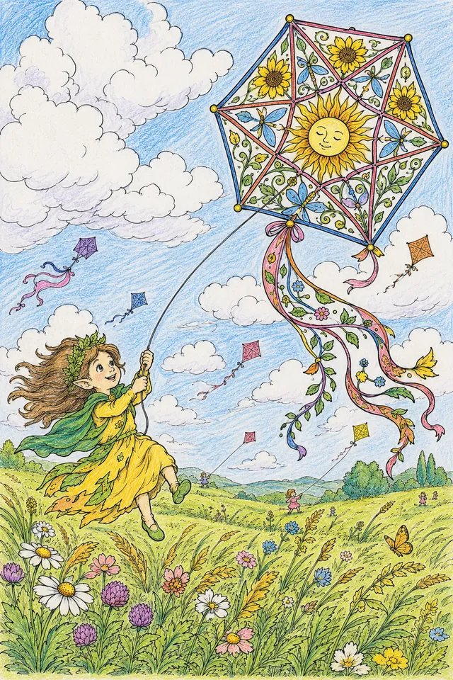 Ausmalbild: Windgeist-Kind fliegt riesigen dekorierten Drachen über Sommerfeld im Starkwind