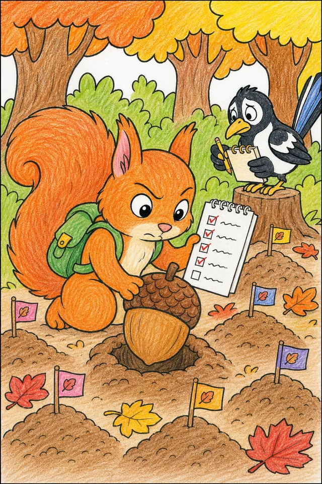 Ausmalbild: Organisiertes Eichhörnchen-Geist vergräbt Eichel und markiert Stelle mit kleiner Fahne