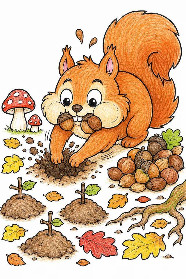 Eichhörnchen-Geist vergräbt eifrig seinen Wintervorrat im Herbstboden – So könnte es aussehen