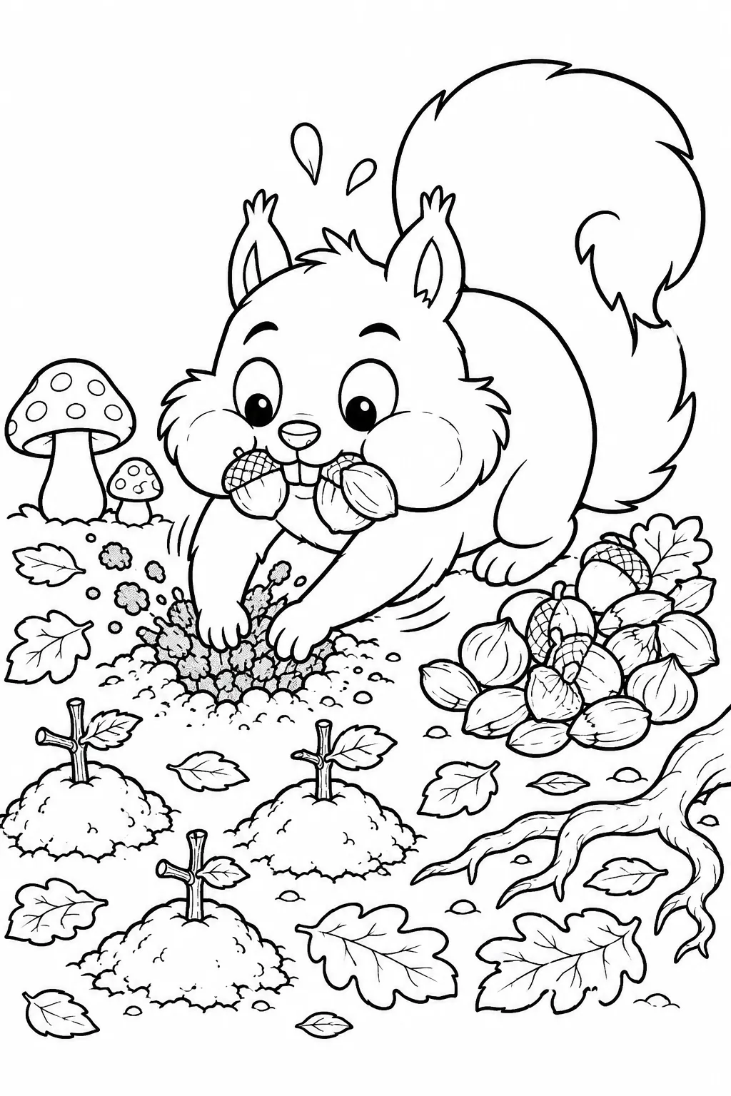 Ausmalbild: Rundes Eichhörnchen mit vollen Backentaschen gräbt Loch für Wintervorrat