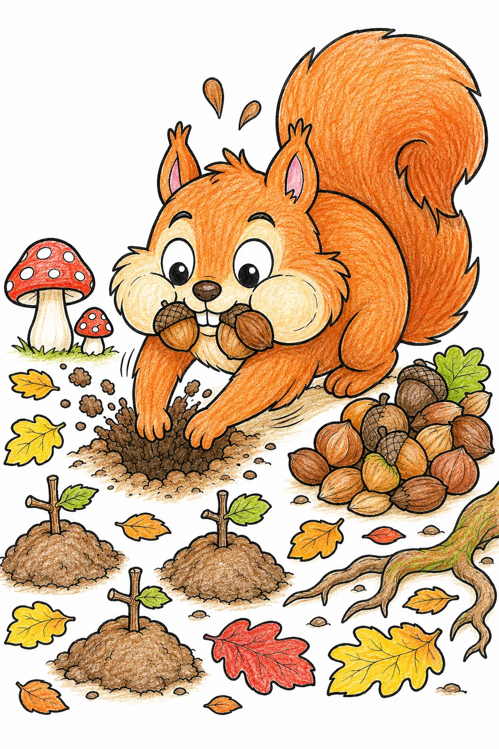 Eichhörnchen-Geist vergräbt eifrig seinen Wintervorrat im Herbstboden