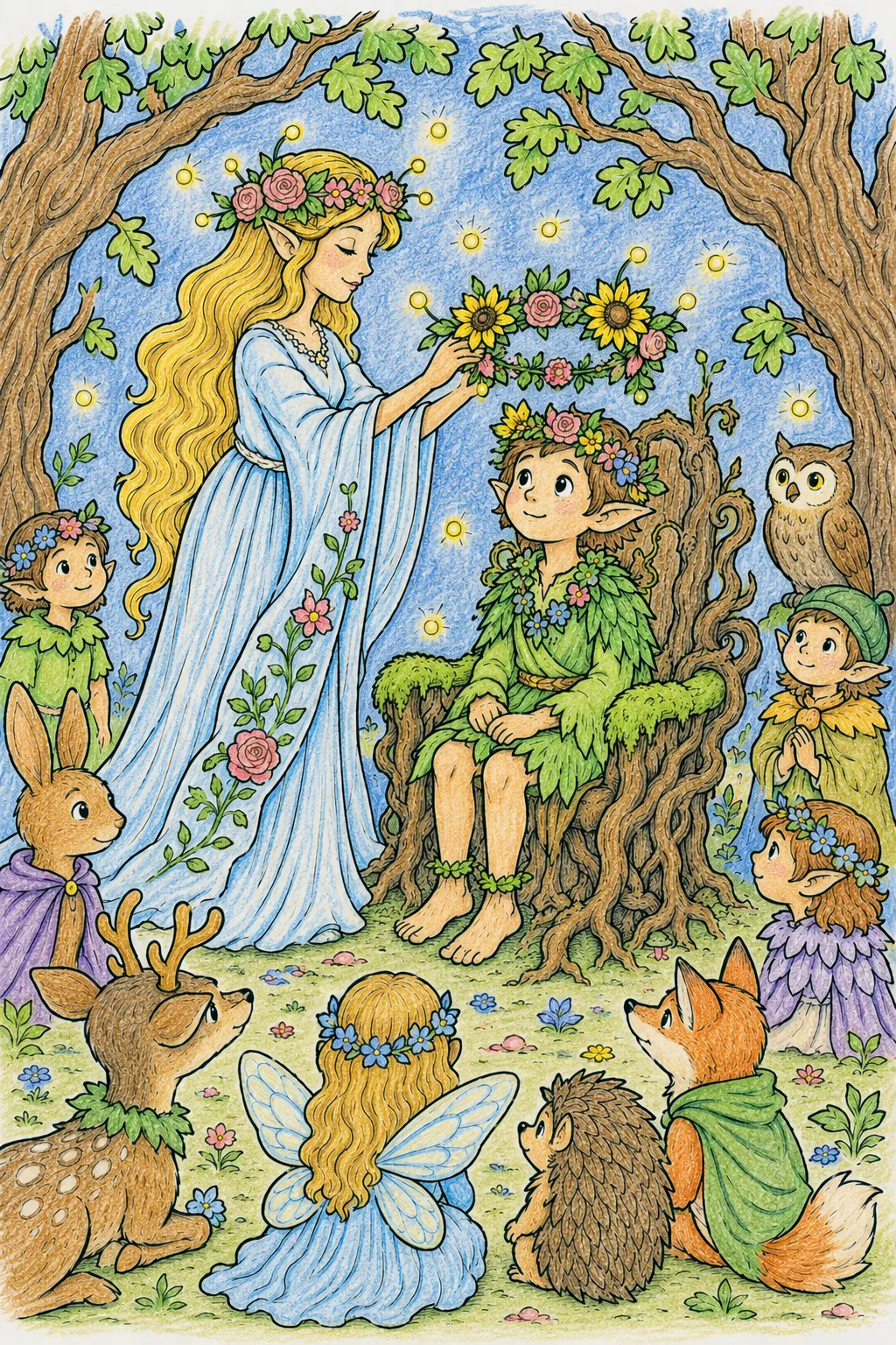 La reina elfa corona al rey del verano en la noche de medianoche de verano