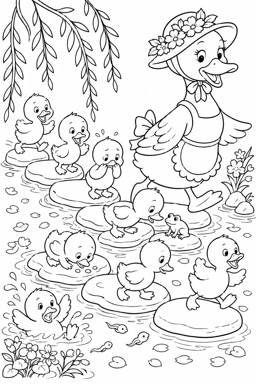 Ausmalbild: Enten-Mutter führt Reihe von kleinen Entenküken über Trittsteine im Frühlingsbach