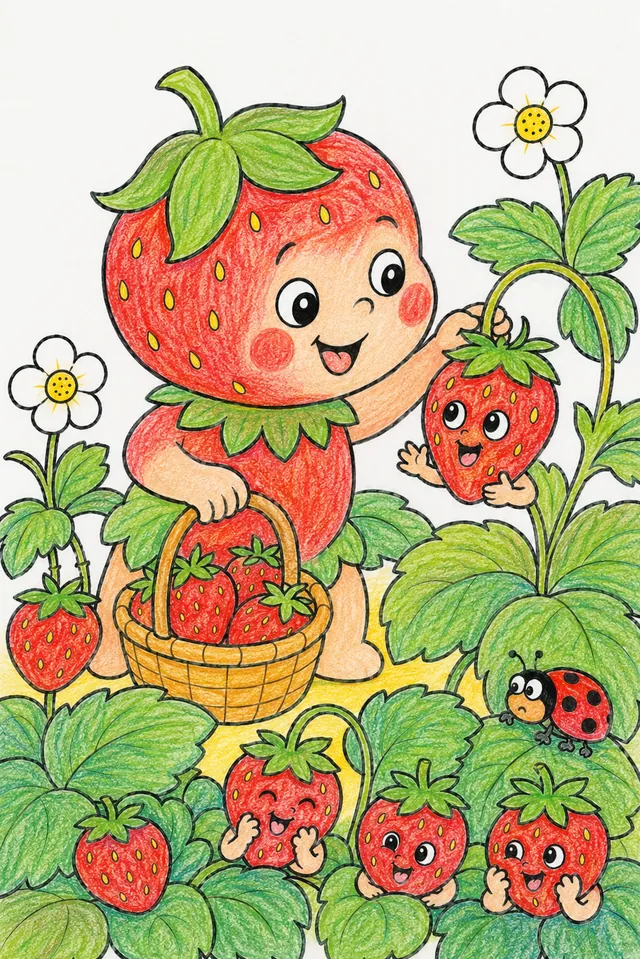 草莓孩子采摘最后成熟的夏天水果 – 涂色效果预览