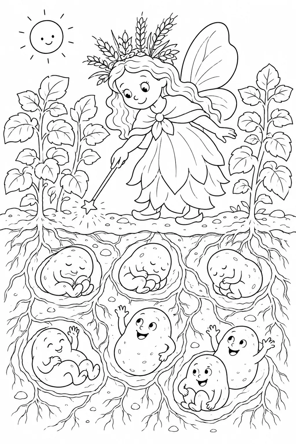 Coloring page: harvest fairy tapping field, cross-section shows sleeping and ready potato spirits below