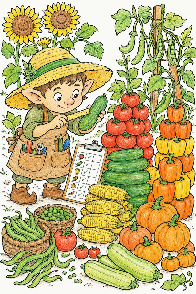 Ausmalbild: Ernte-Kobold mit Strohhut stapelt bunt sortiertes Sommergemüse in ordentliche Türme
