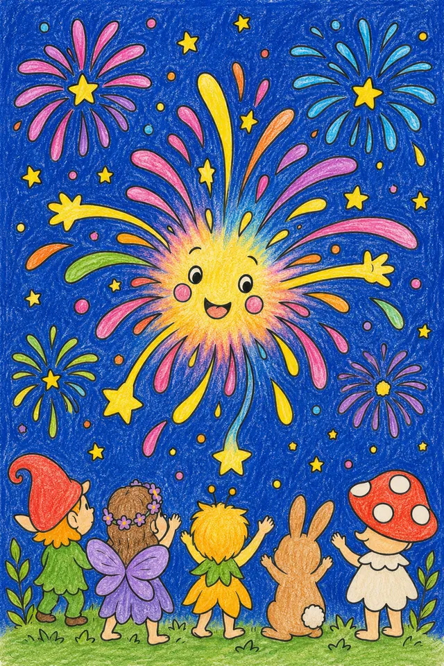 涂色页：巨大彩色烟花精灵在夜空中爆炸，人群从下方惊叹地向上看