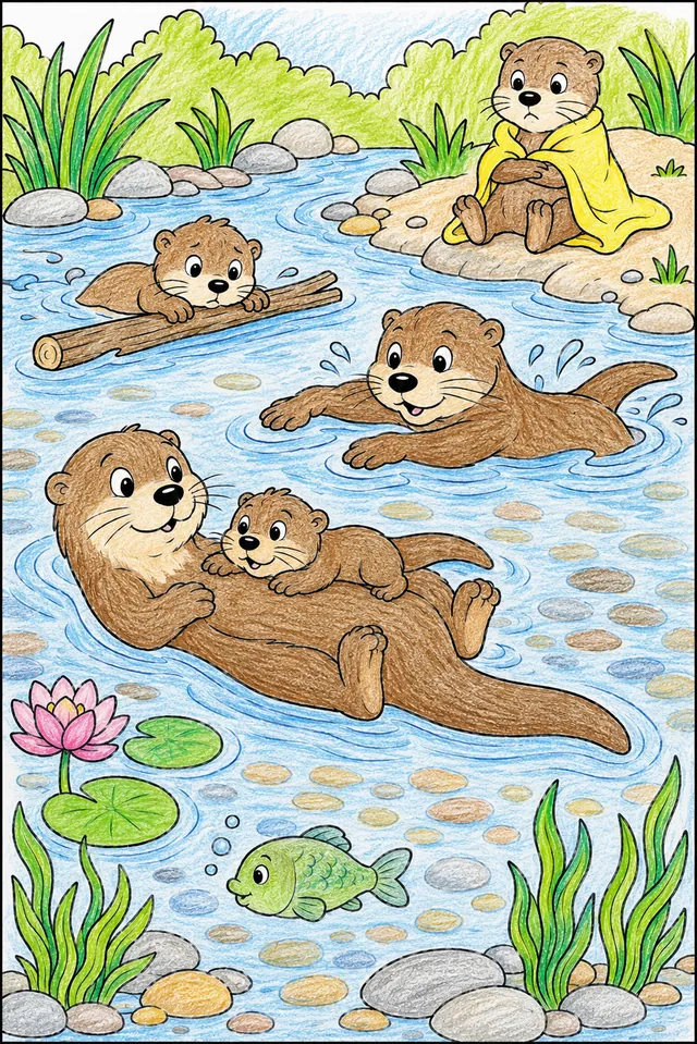 涂色页：水獭家庭在夏天河流中学游泳，一只抓着棍子，一只在岸边拒绝