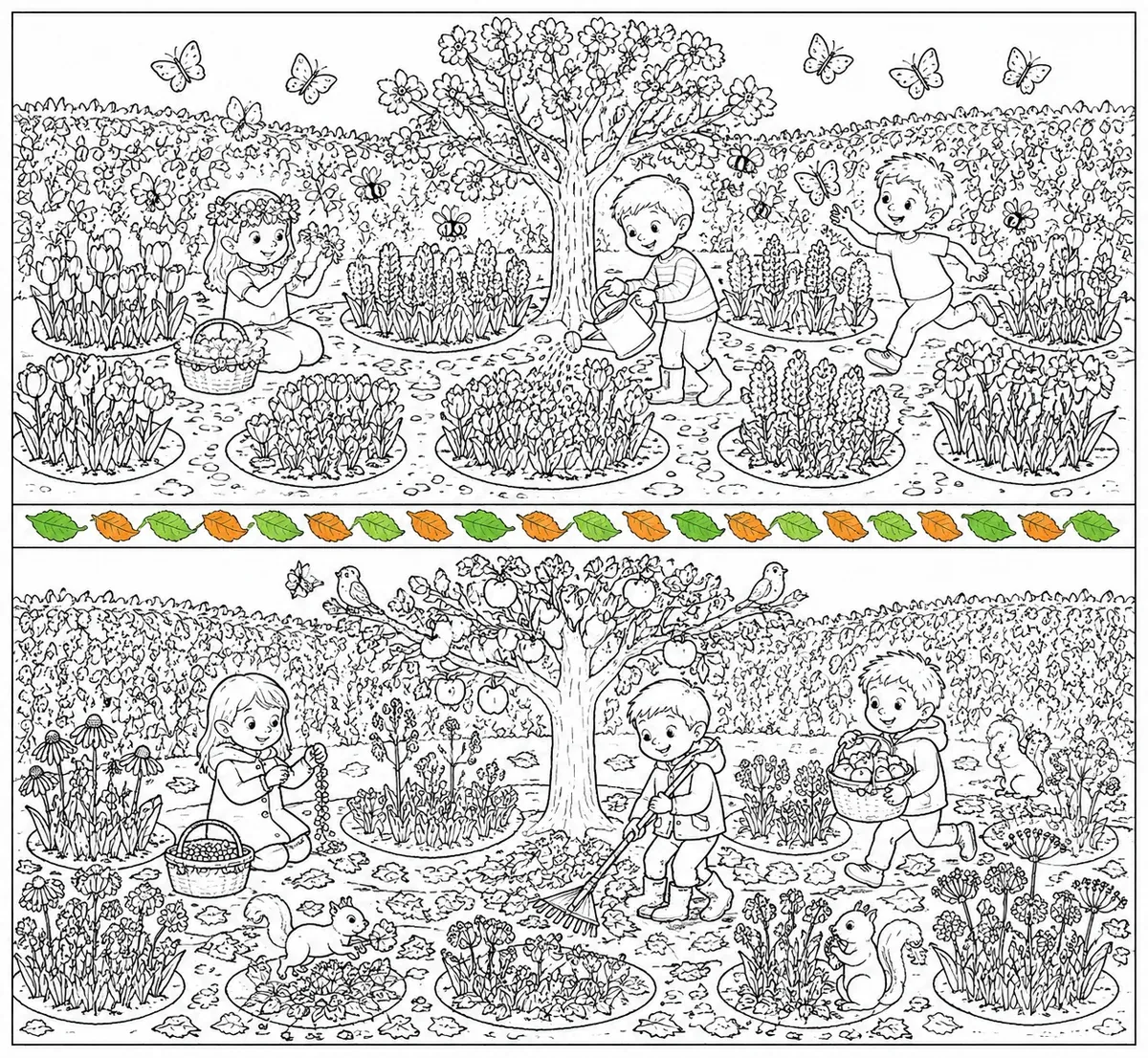 Diptychon desselben Gartens im Frühling oben und im Herbst unten mit denselben drei Kindern