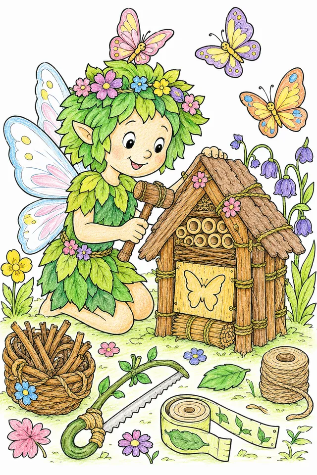 Ausmalbild: Frühlingsgeist mit Blütenblatt-Flügeln baut Schmetterlingshaus aus Stöcken und Rinde, Schmetterlinge schweben drum herum
