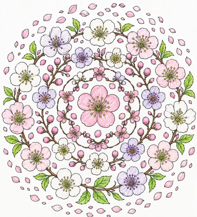 Mandala-Ausmalbild: Kreisförmiges Frühlingsblüten-Mandala mit Kirsch-, Apfel- und Pflaumenblüten
