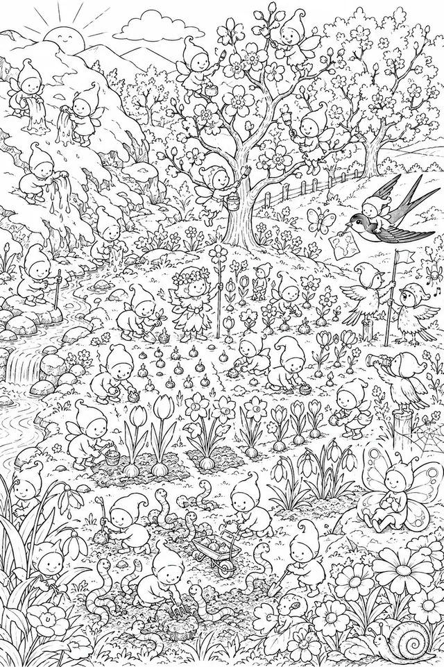 Frühlings-Wimmelbild: Die Landschaft erwacht
