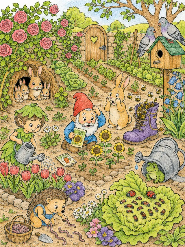 Wimmelbild del jardín de primavera: conejos y espíritus del jardín – Asi podria quedar