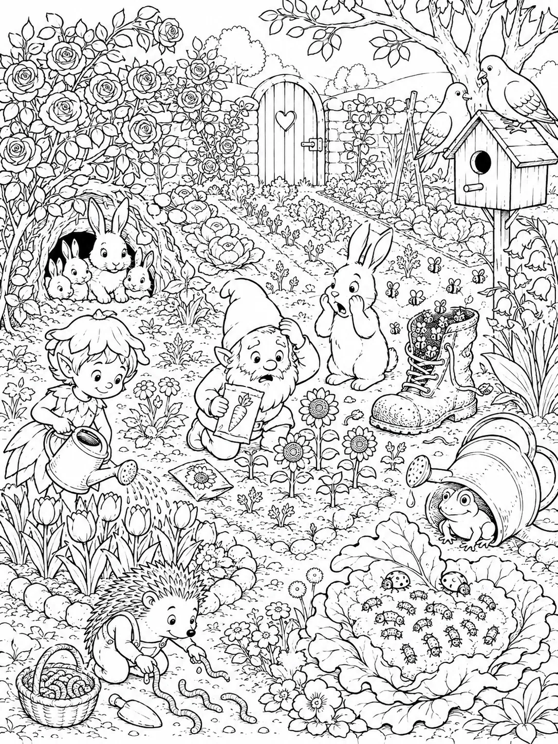 Colorear wimmelbild: animado jardín primaveral con muchos animales y espíritus del jardín trabajando