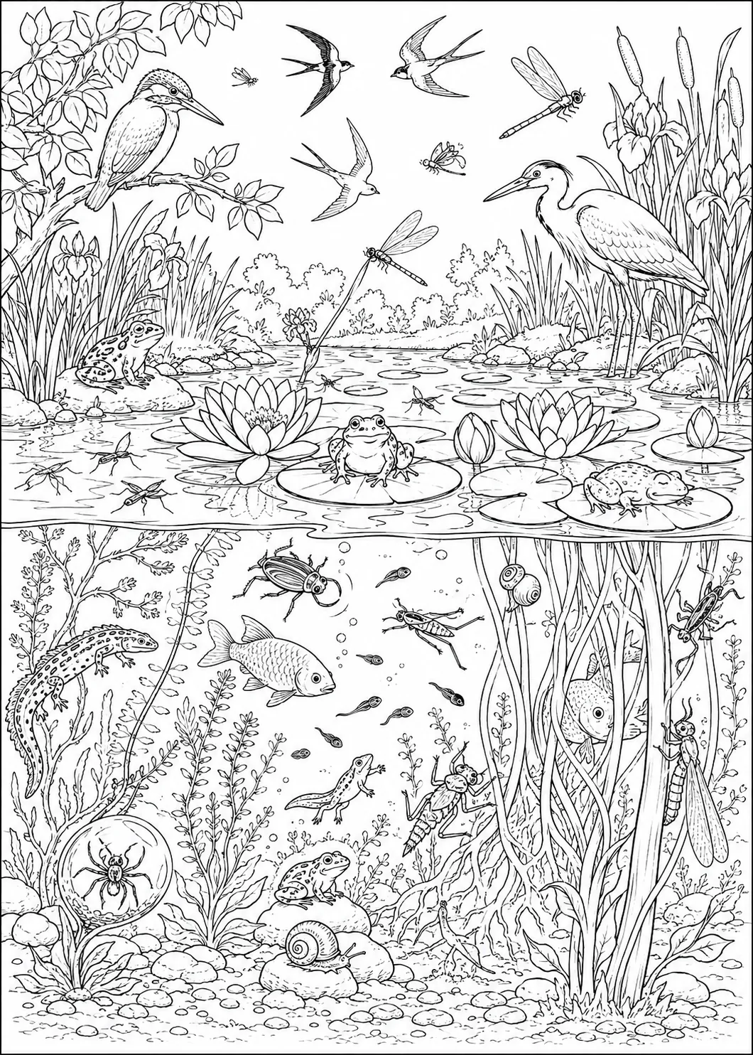 Ausmalbild: Wimmelbild Gartenteich von oben mit Wasserlilien, Fröschen, Libellen und Eisvogel