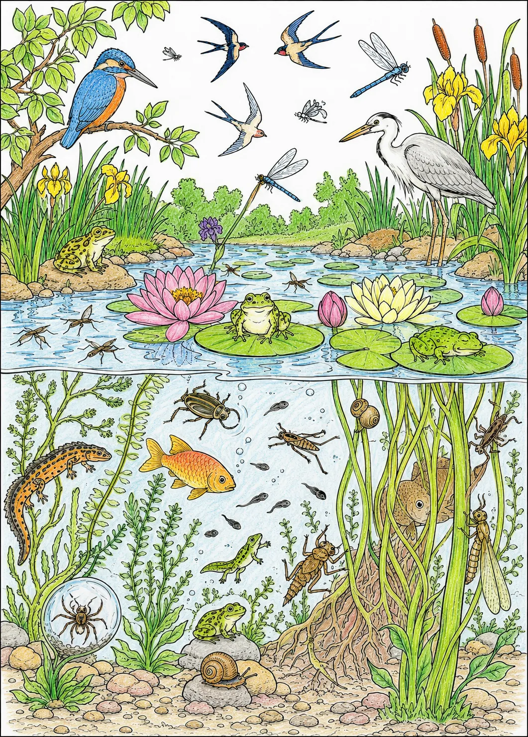 Gartenteich-Wimmelbild: Alle Sommer-Bewohner des Gartenteiches