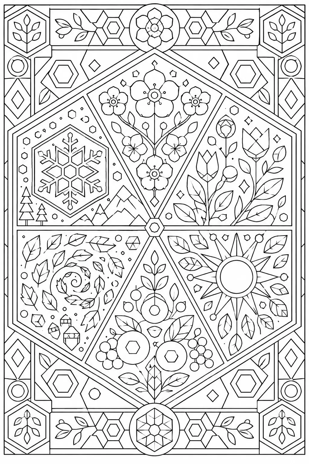 Ausmalbild: Geometrisches Hexagon-Mandala mit vier Jahreszeiten als strenge geometrische Muster