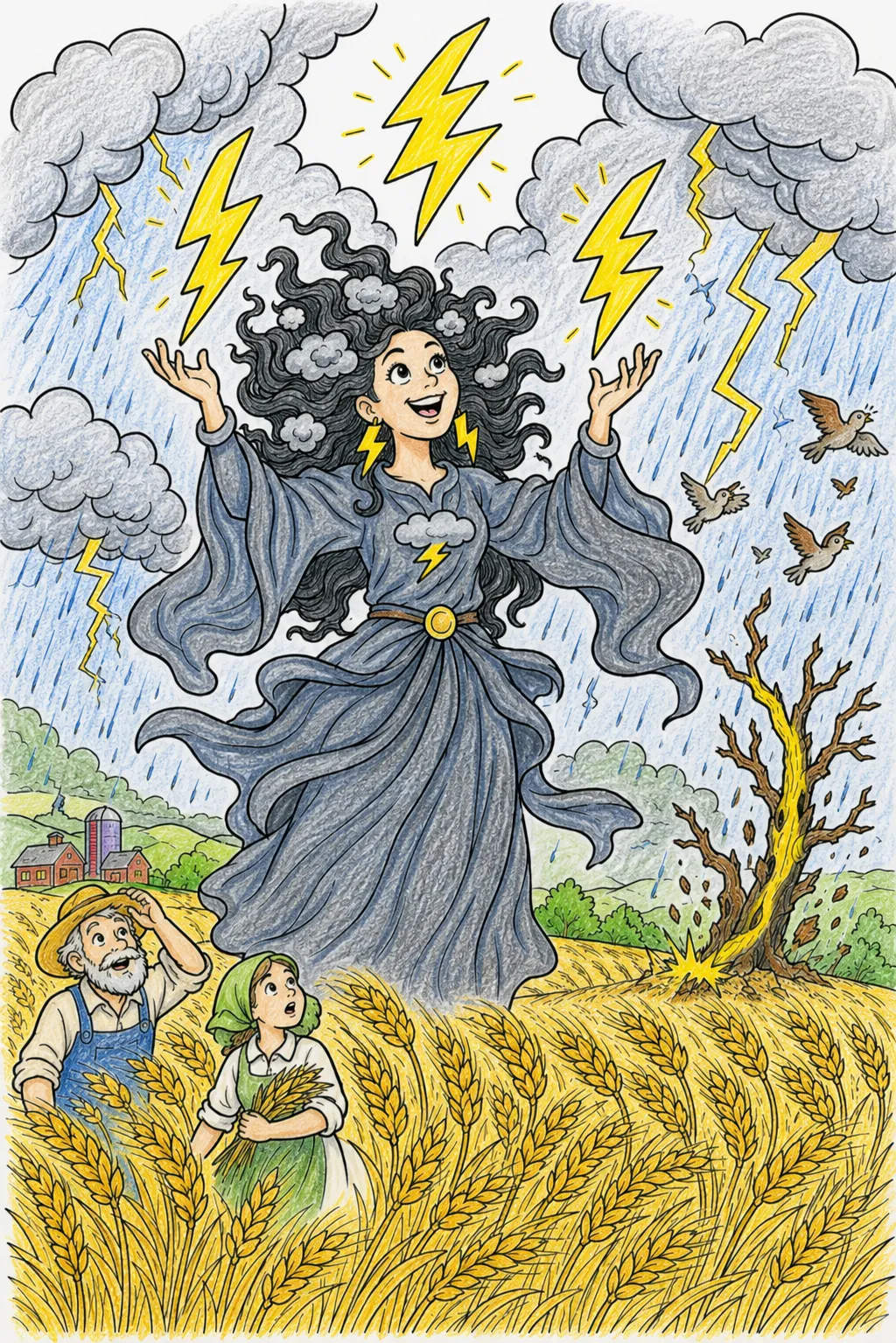 Sommergewitter-Fee jongliert Blitze über dem Getreidefeld