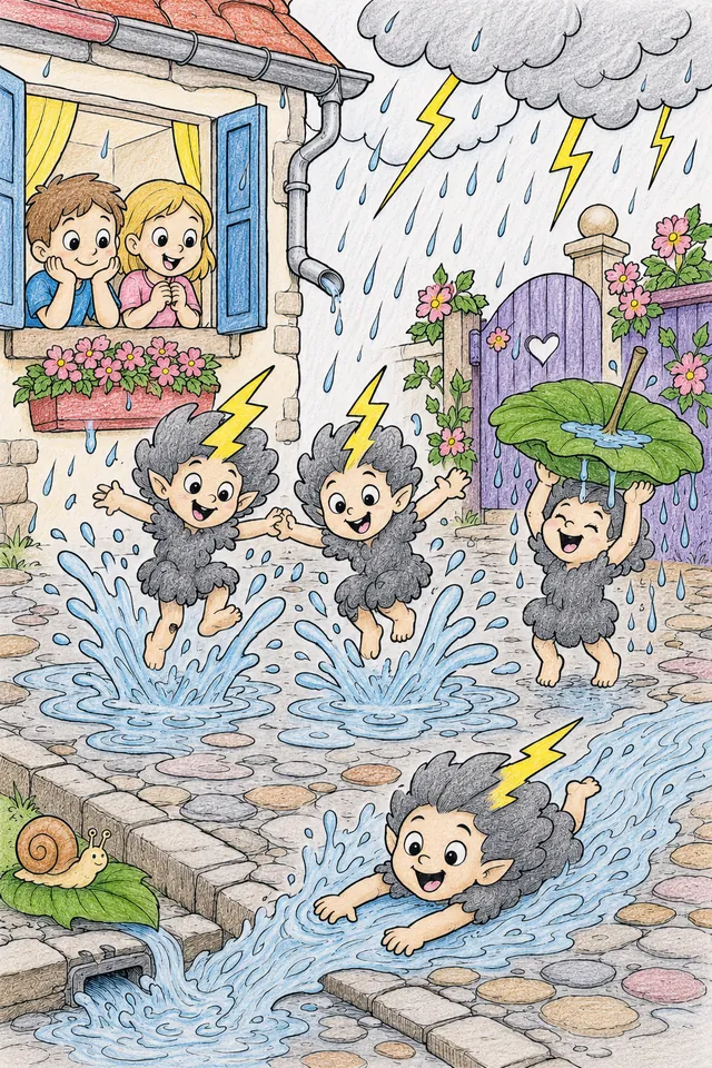 Gewittergeist-Kinder spielen im warmen Sommerregen – So könnte es aussehen