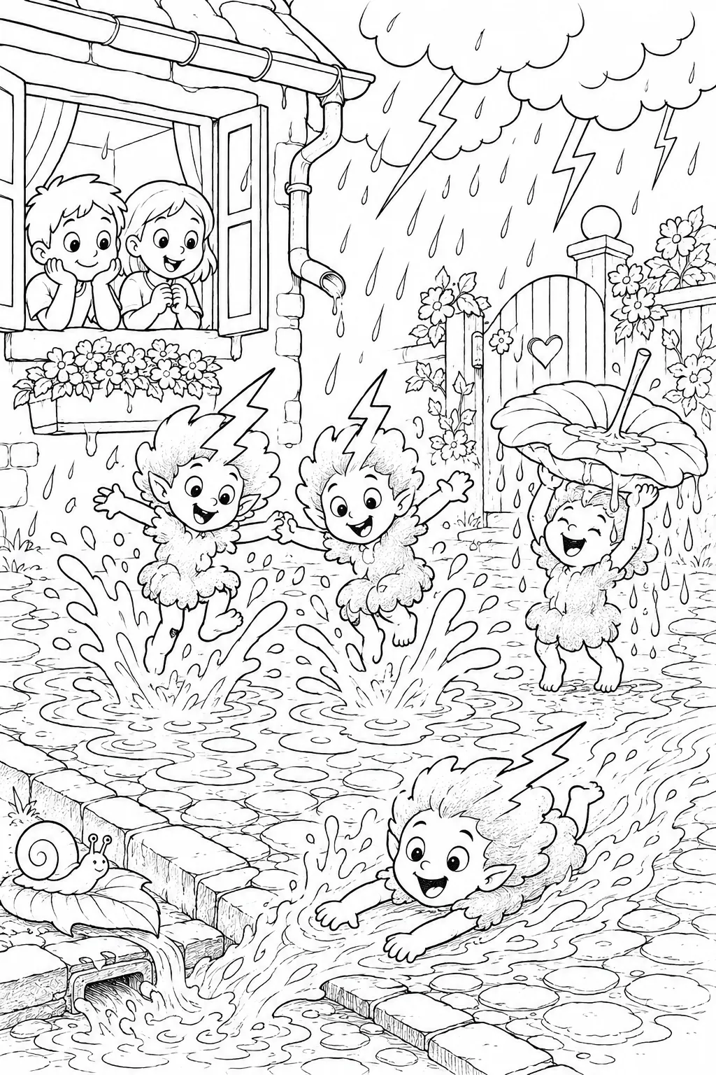 Ausmalbild: Fröhliche Gewittergeist-Kinder spielen Pfützenspringen und Rutschbahn im Sommergewitter