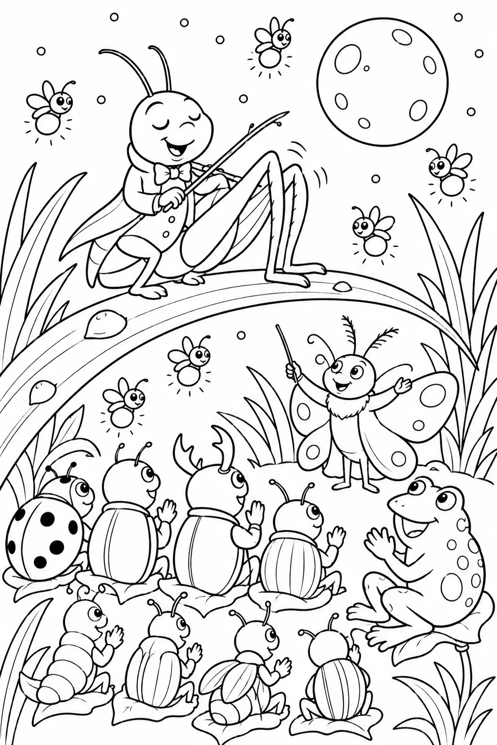 Coloring page: cricket in tailcoat playing violin on blade of grass by moonlight, beetles and fireflies in audience