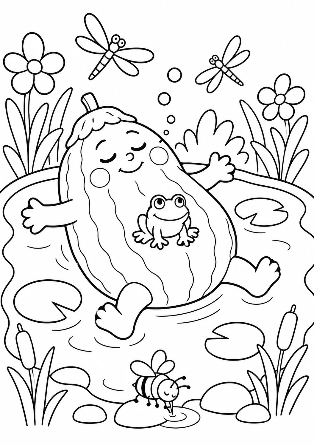 Ausmalbild: Grüner Gurken-Geist treibt schlafend im Gartenteich, Frosch sitzt auf dem Bauch