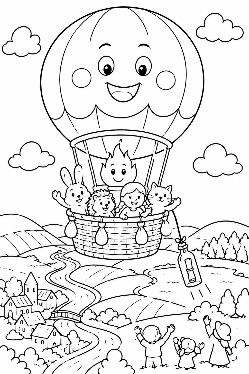 Ausmalbild: Riesiger Ballon mit Gesicht schwebt über Sommerfelder und Dörfer, Tiere winken aus Gondel