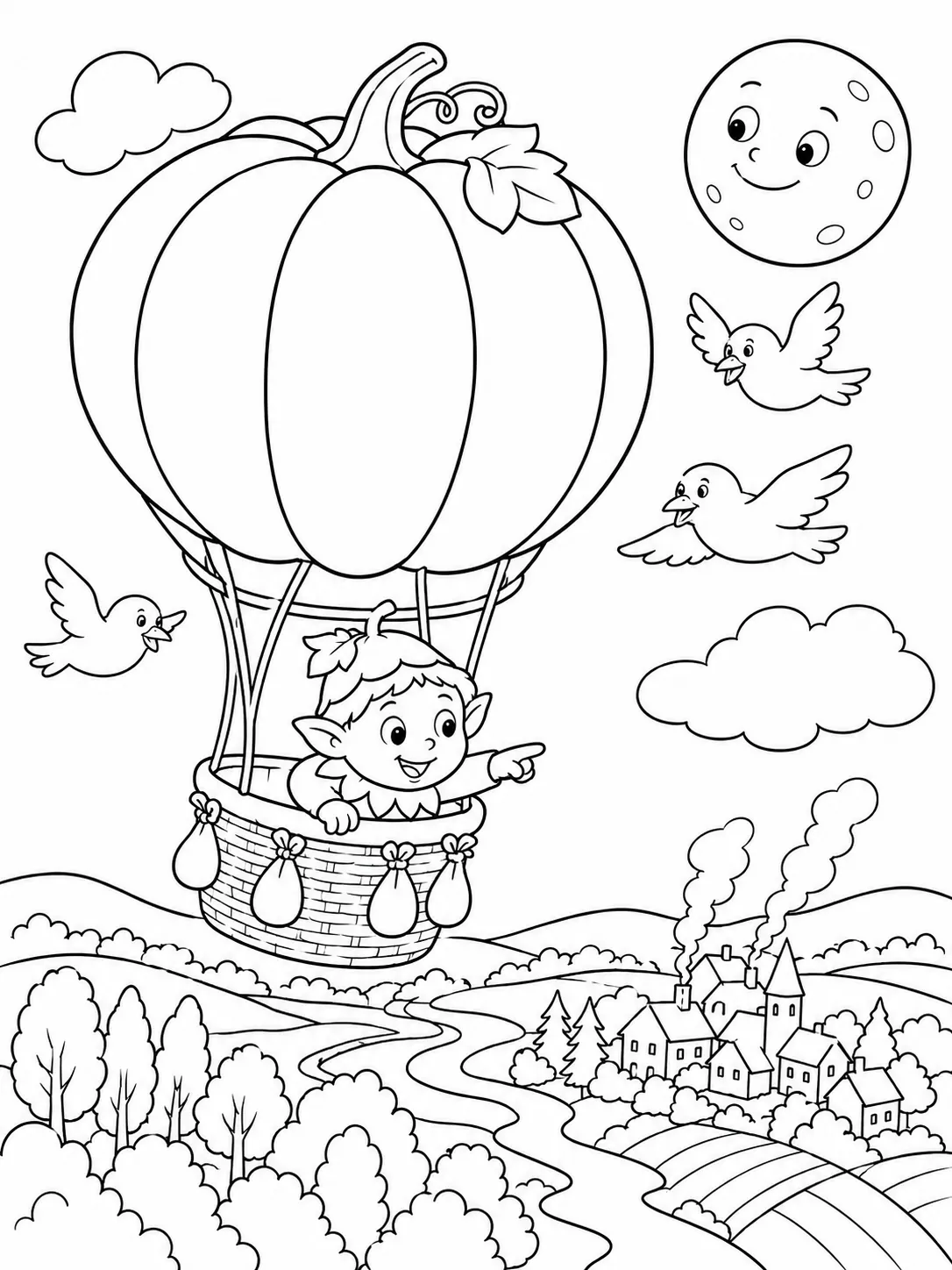 Ausmalbild: Riesiger Kürbis-Heißluftballon mit kleinem Herbstgeist im Korb schwebt über Herbstlandschaft