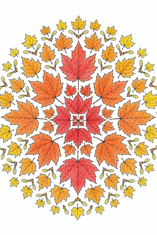 Herbst-Ahorn-Spirale-Mandala: Goldrot-orangenes Ahornblatt-Mandala – So könnte es aussehen