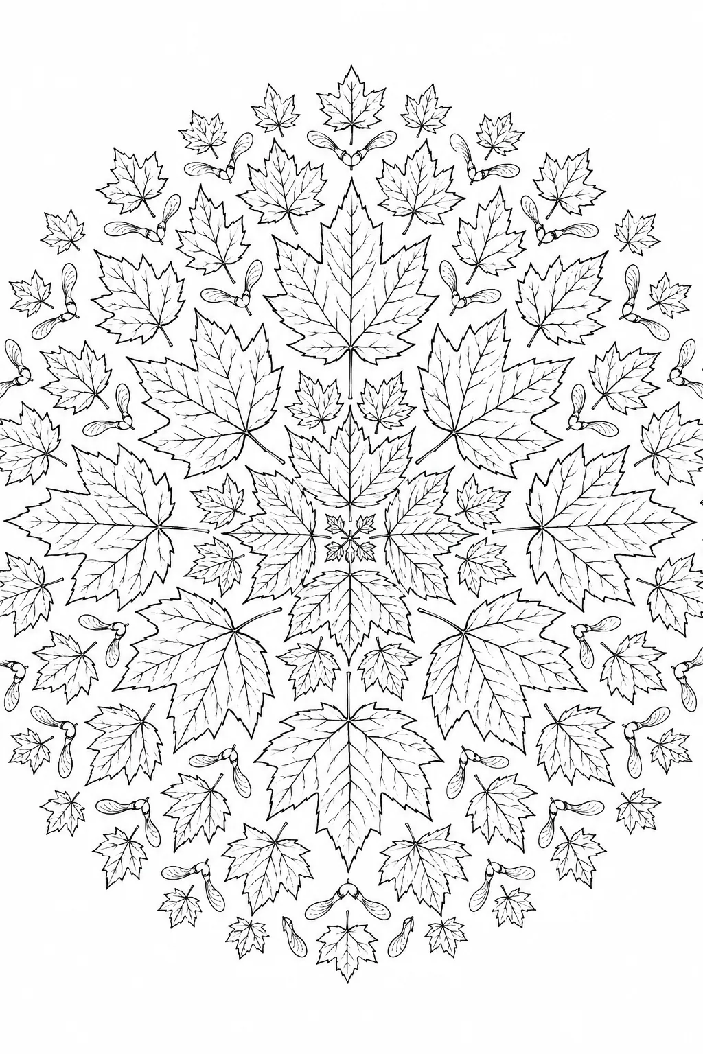 Ausmalbild: Symmetrisches Ahornblatt-Mandala mit Farbverlauf von Weinrot zu Goldgelb
