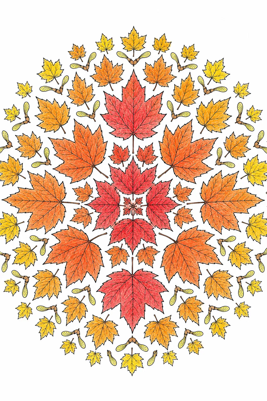 Herbst-Ahorn-Spirale-Mandala: Goldrot-orangenes Ahornblatt-Mandala