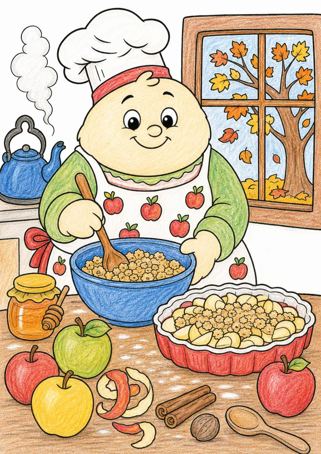 Ausmalbild: Küchen-Geist mit Schürze backt Apfelcrumble umgeben von Herbstäpfeln und Gewürzen