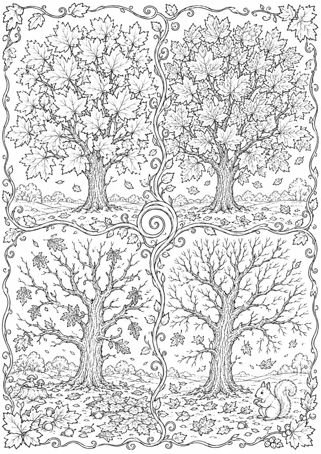 Ausmalbild: Ahornbaum in vier Quadranten von frühem bis spätem Herbst mit vollständig gezeichneten Blättern
