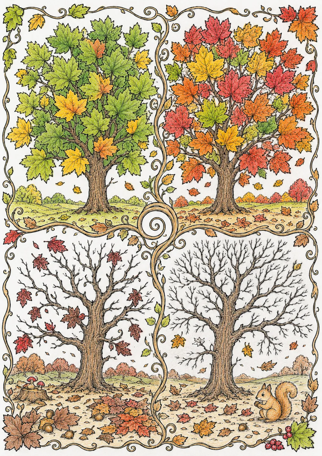 Herbst-Blätter-Detailstudie: Ein einziger Baum in allen vier Stadien des Herbstes