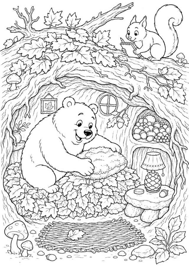 Herbst-Bär-Geist baut sich die komfortabelste Winterhöhle des ganzen Waldes