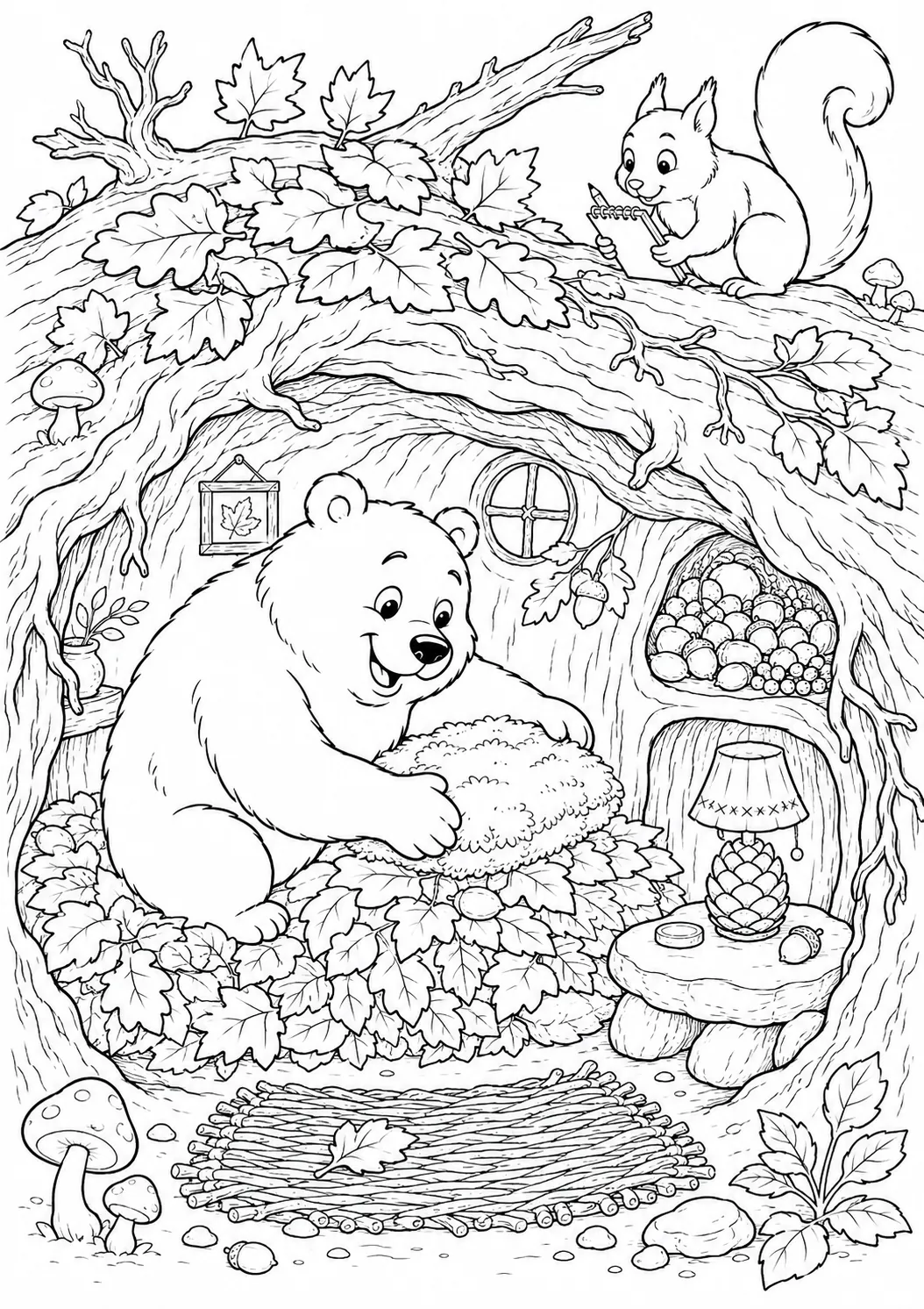 涂色页：截面图中的熊精灵展示有苔藓枕头橡子室和松果灯的冬天巢穴