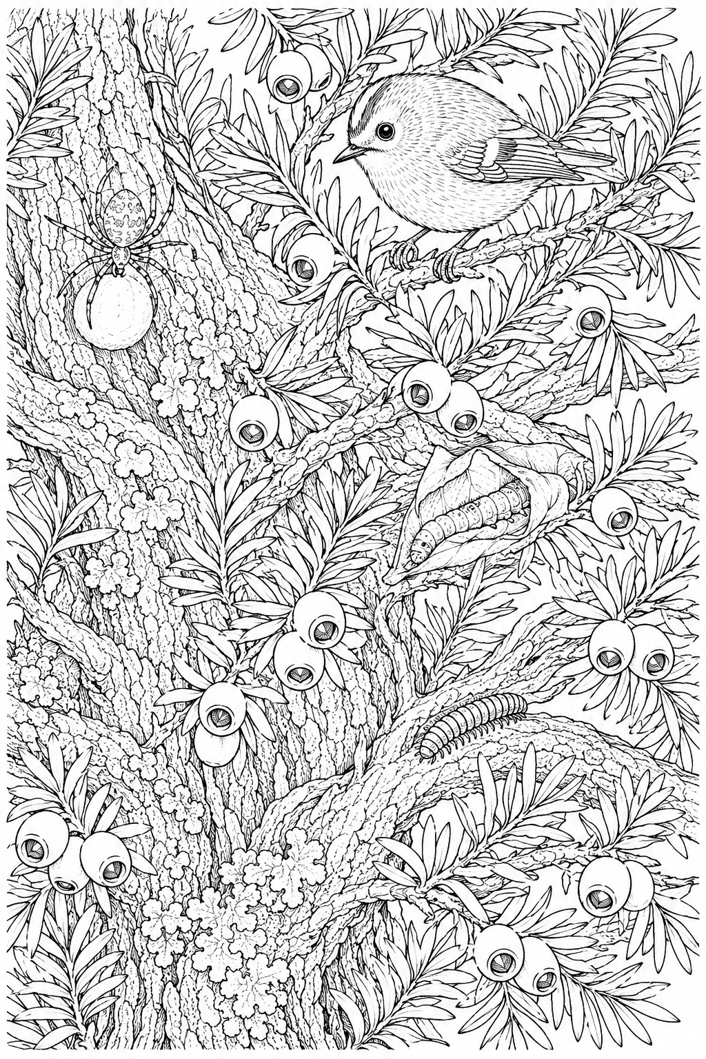 Ausmalbild: Botanische Eiben-Studie mit roten Beeren und Wintergoldhähnchen auf Nadelzweig
