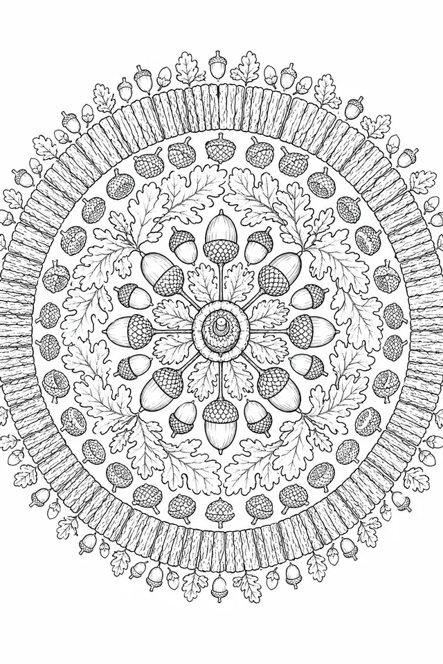 Herbst-Eichel-Eiche-Mandala: Eicheln, Eichenblätter und Eichelbecher im großen Kreis