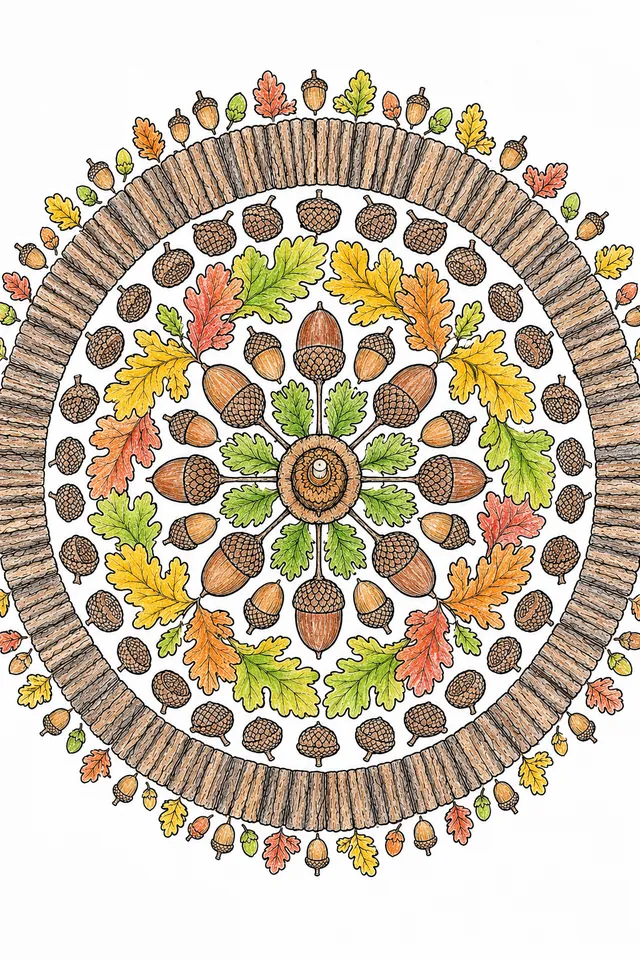 Herbst-Eichel-Eiche-Mandala: Eicheln, Eichenblätter und Eichelbecher im großen Kreis – So könnte es aussehen