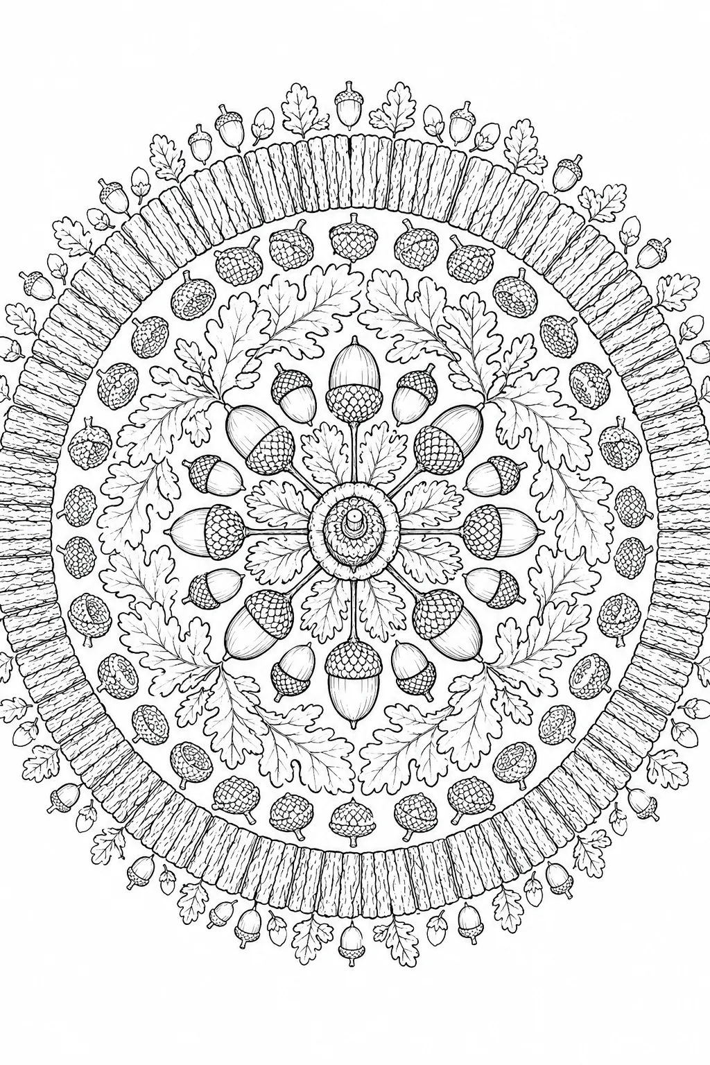 Ausmalbild: Symmetrisches Eichel-Mandala mit Eichenblättern, Eichelbecher-Ring und Rindentextur