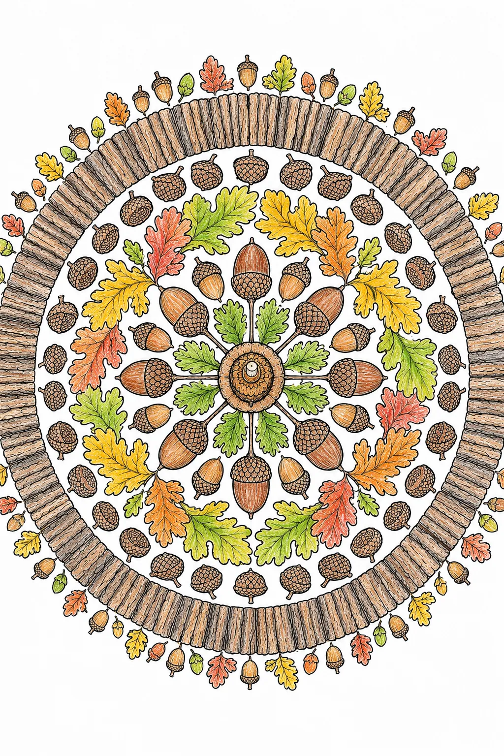 Herbst-Eichel-Eiche-Mandala: Eicheln, Eichenblätter und Eichelbecher im großen Kreis