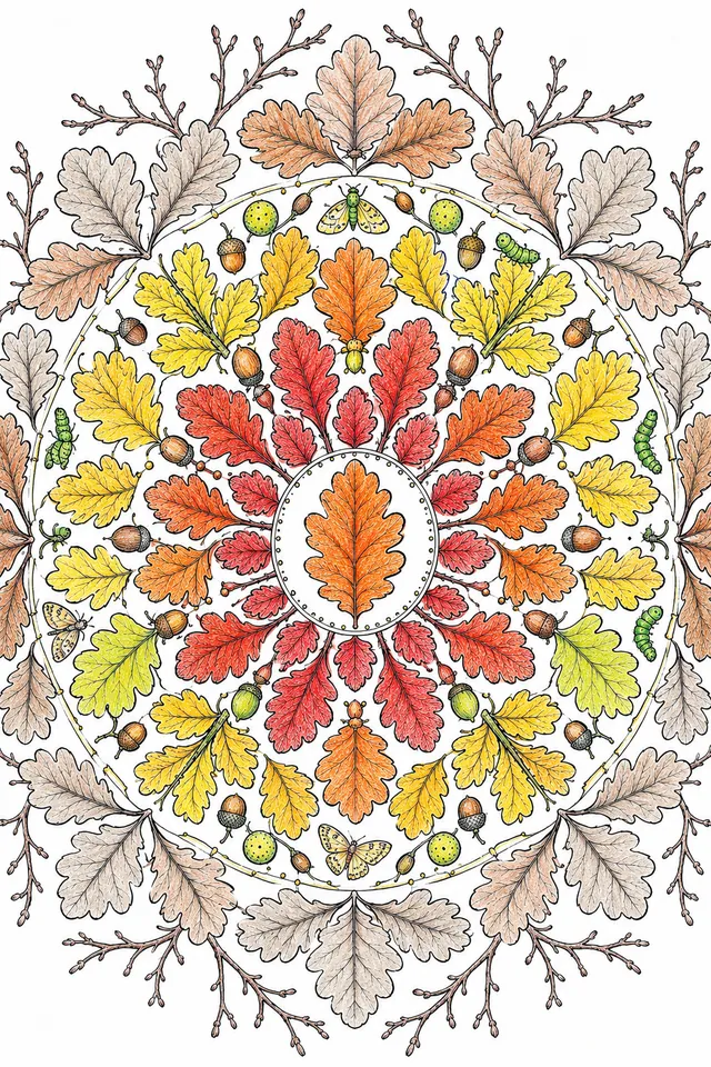 Herbst-Eichenblatt-Mandala: Die volle Farbpracht des Herbstes in 8-facher Symmetrie – So könnte es aussehen
