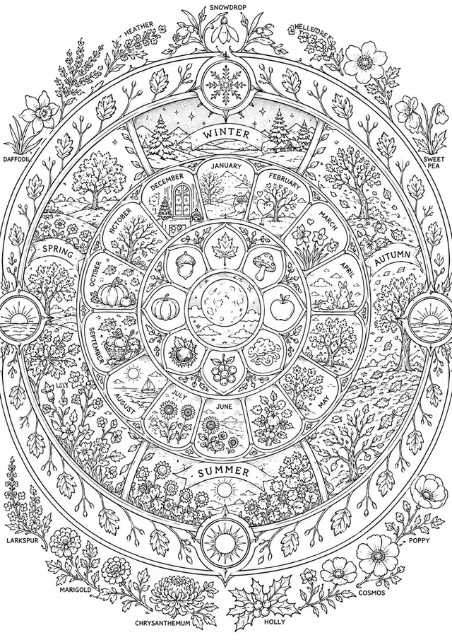 Autumn Season Wheel Mandala: The Wheel of the Year with Autumn at the Golden Core
