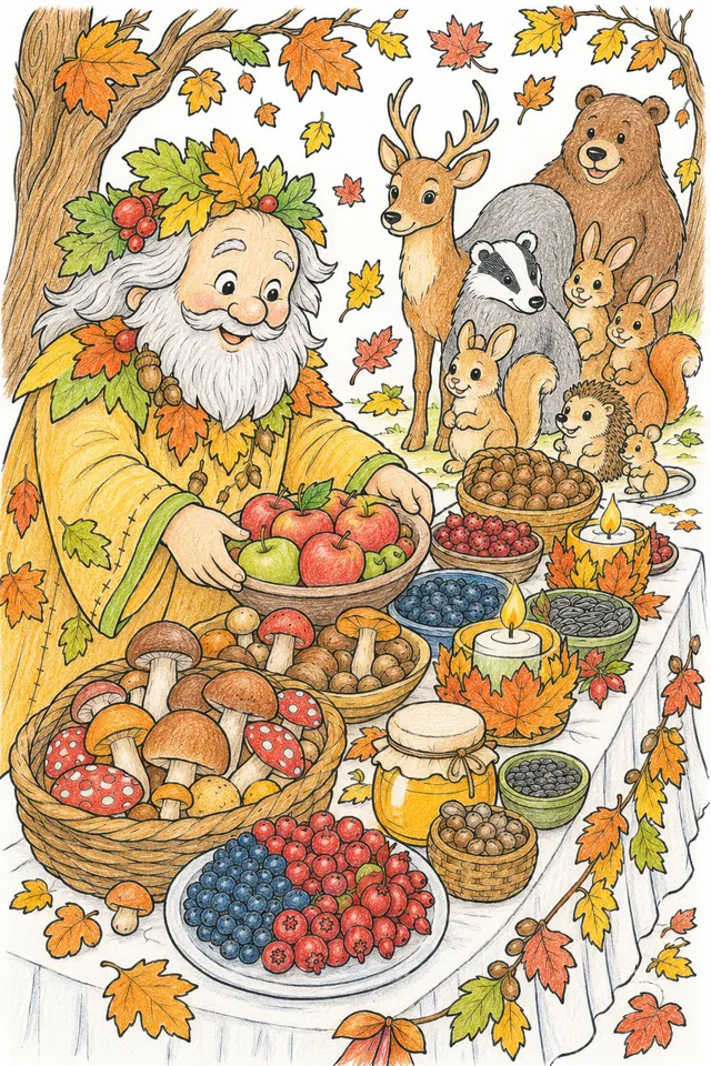 Herbst-Erntedank-Geist deckt den großen Tisch der Gaben für alle Waldtiere – So könnte es aussehen