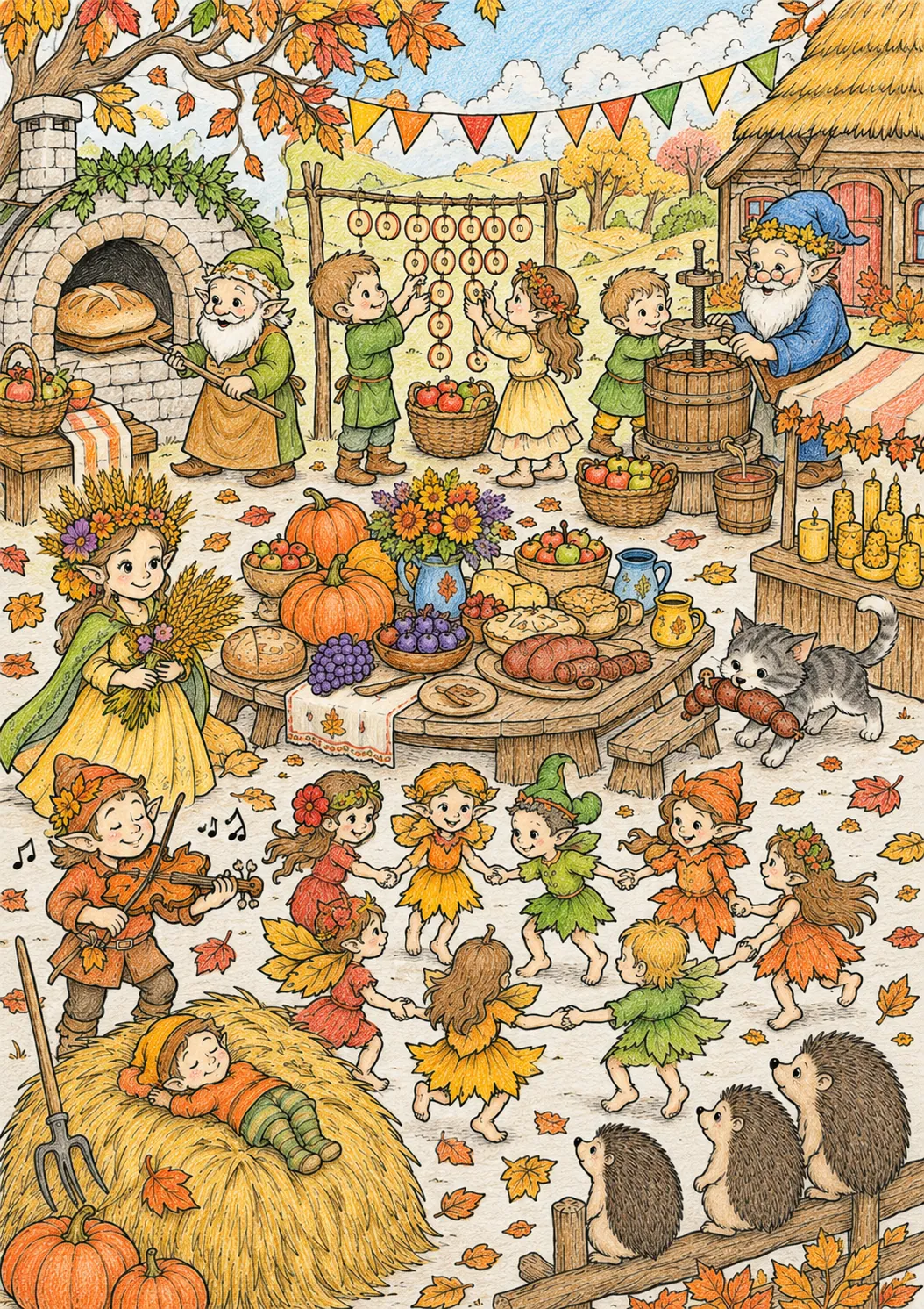 Herbst-Erntedankfest-Wimmelbild: Das ganze Dorf feiert gemeinsam die Ernte