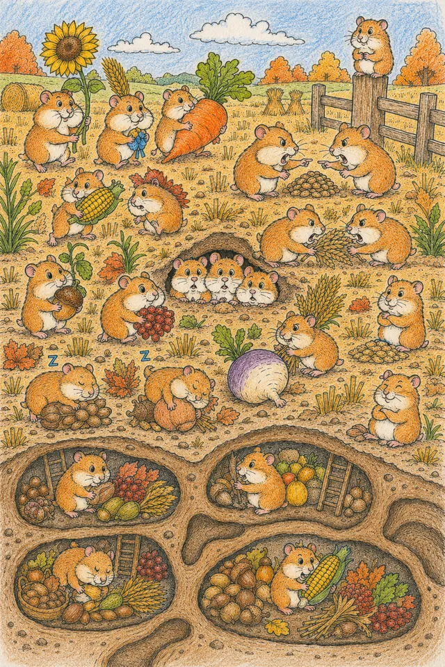 Ausmalbild: Herbstfeld mit Dutzenden Feldhamstern in hektischer Vorrats-Sammelaktion