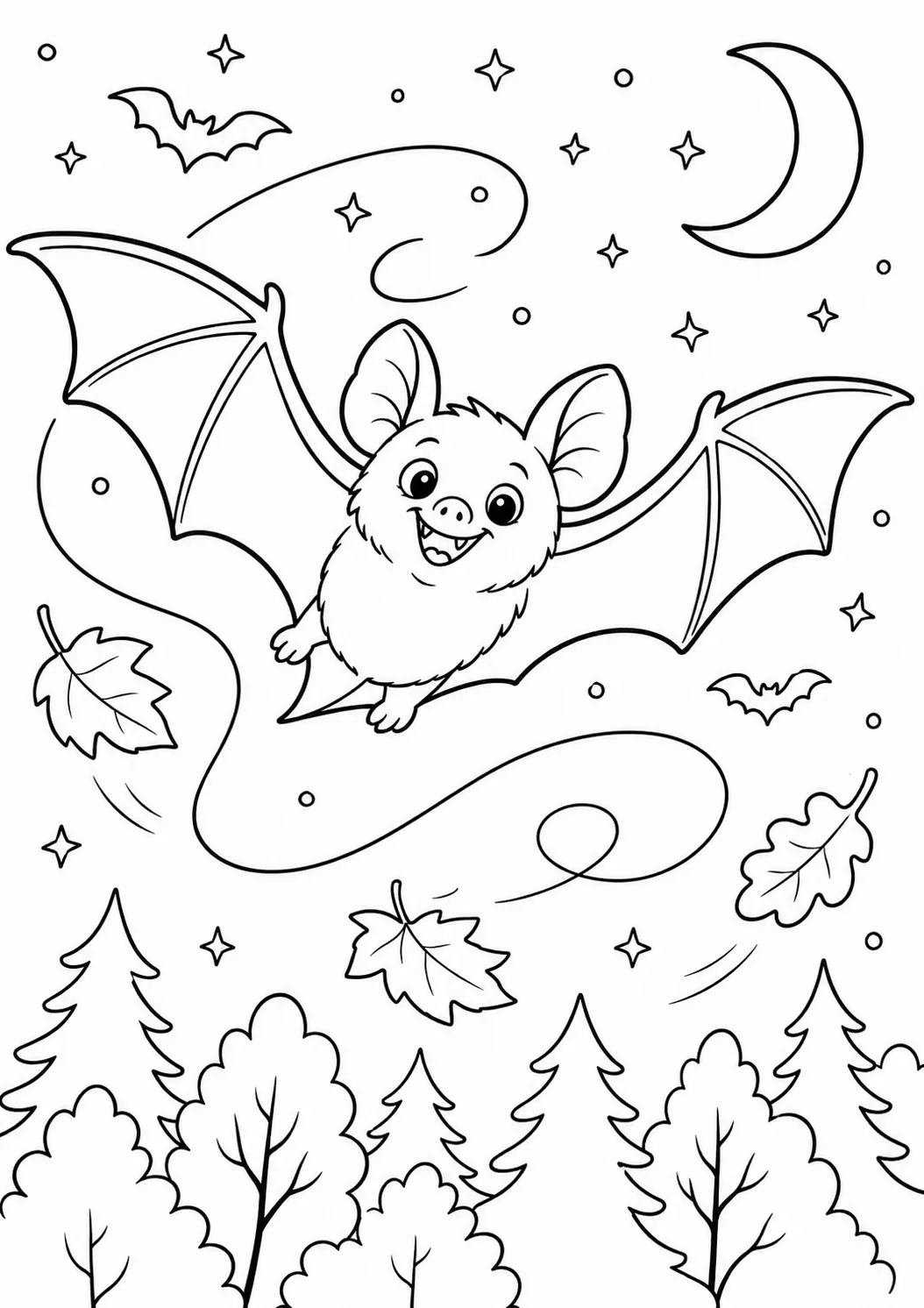 涂色页：小蝙蝠精灵在紫色夜空中环形飞翔在秋天森林上空