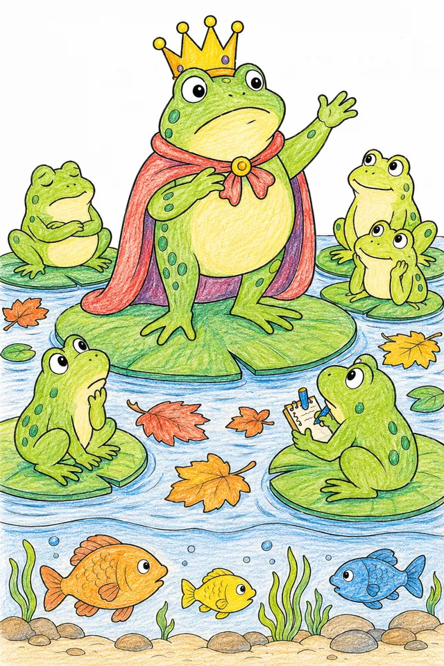 Ausmalbild: Froschkönig mit goldener Krone hält Abschiedsrede auf Seerosenblatt im Herbst-Teich
