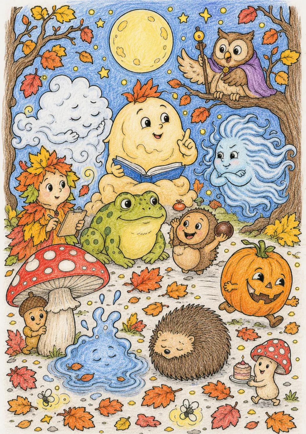 Herbst-Nacht-Geister-Wimmelbild: Alle Herbstgeister treffen sich in der Halloweennacht