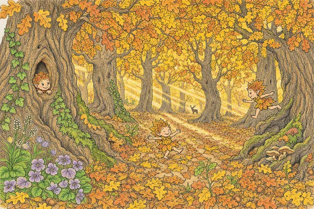涂色页：有金色光线和三个小自然精灵的宽大秋天橡树森林全景